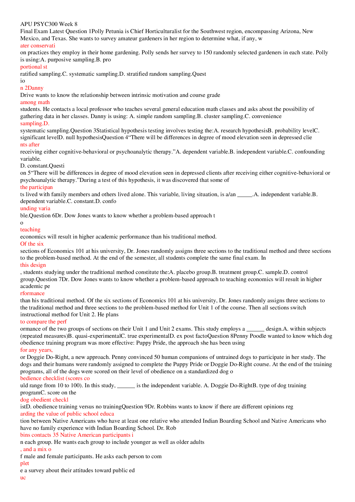 Preview image of APU PSYC300 Week 8 Final Exam Latest (All are correct) document